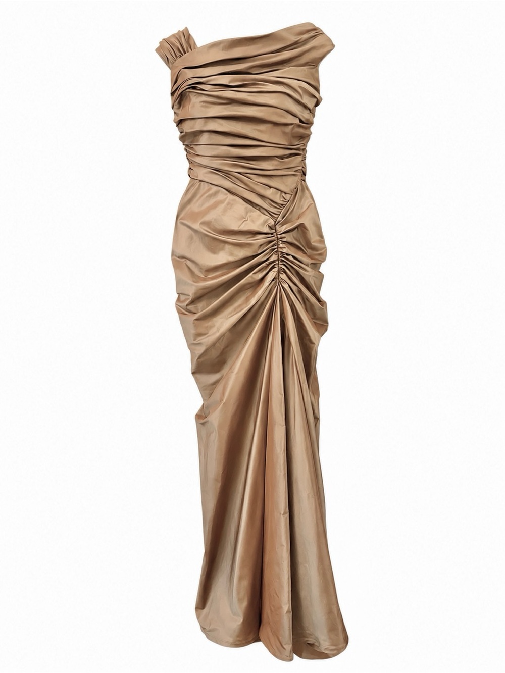 Tadashi Collection 100% Silk One-Shoulder Ruched Gown Size 4 Champagne Gold
